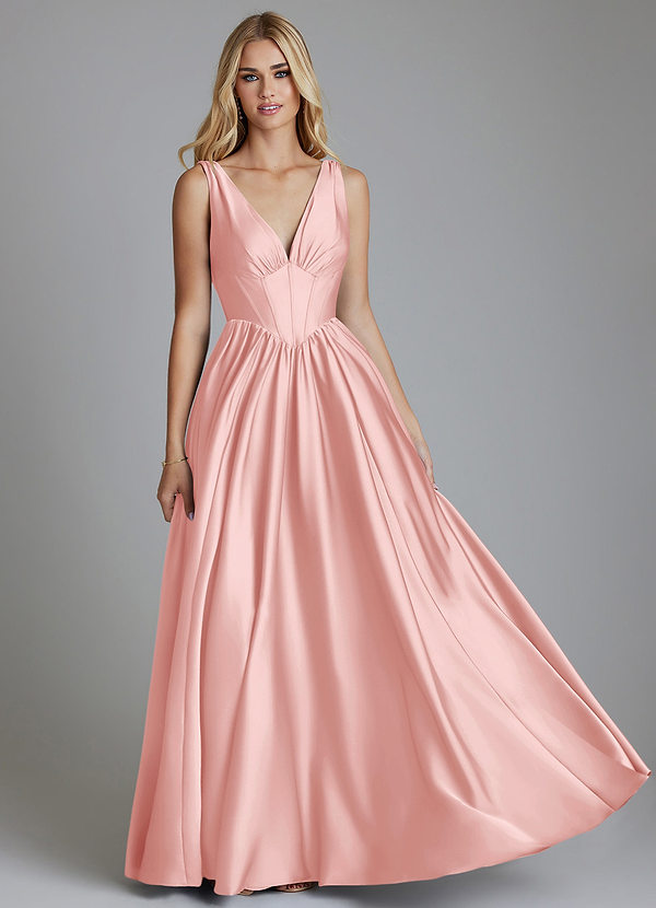 Azazie Delmie Bridesmaid Dresses Powder Pink A-Line Corset Stretch Satin Dress image1