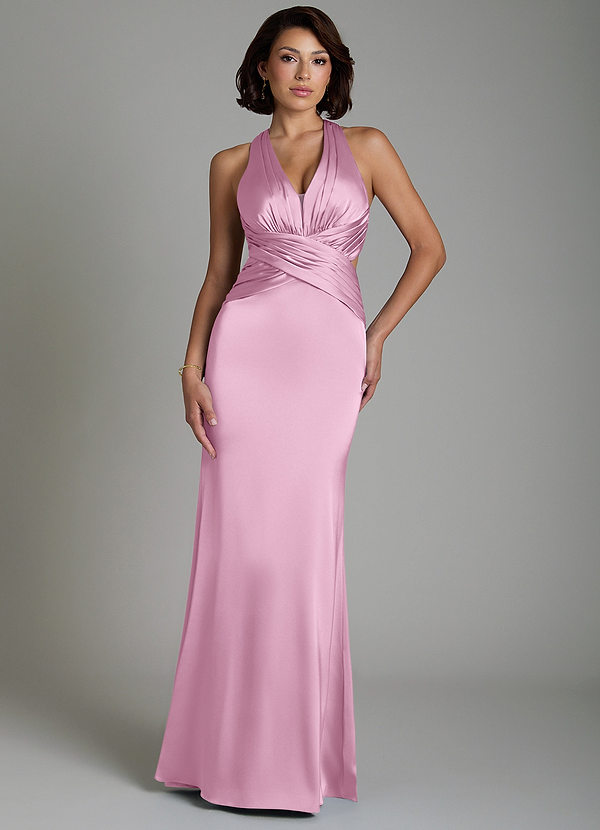 Azazie Maya Bridesmaid Dresses Candy Pink Mermaid Pleated Stretch Satin Dress image1