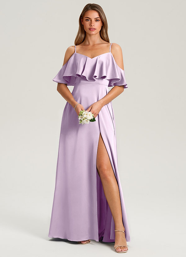 Azazie Jean Bridesmaid Dresses Frosted Lilac A-Line Off the Shoulder Stretch Satin Dress image1