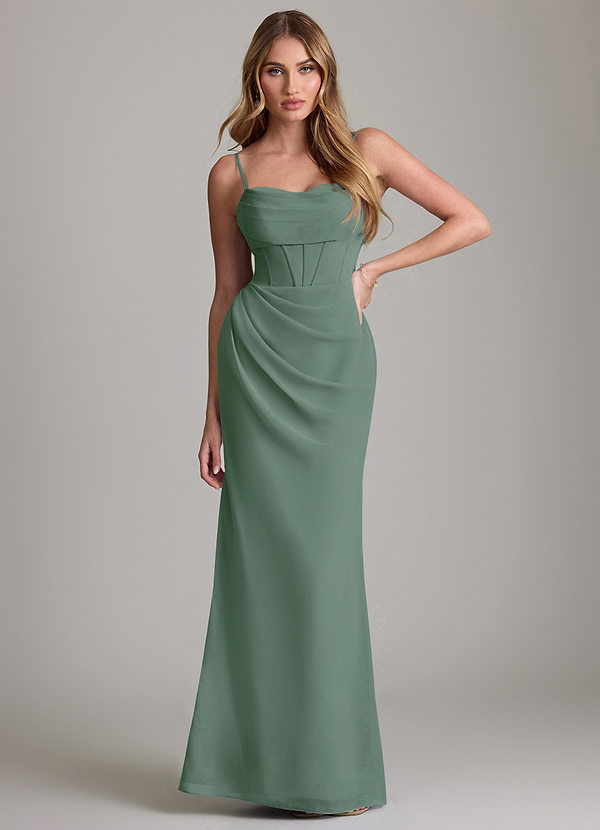 Azazie Mai Bridesmaid Dresses Eucalyptus Sheath Pleated Chiffon Dress image1