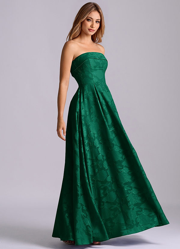 Azazie Lucienne Bridesmaid Dresses Emerald A-Line Strapless Floral Burnout Dress image1