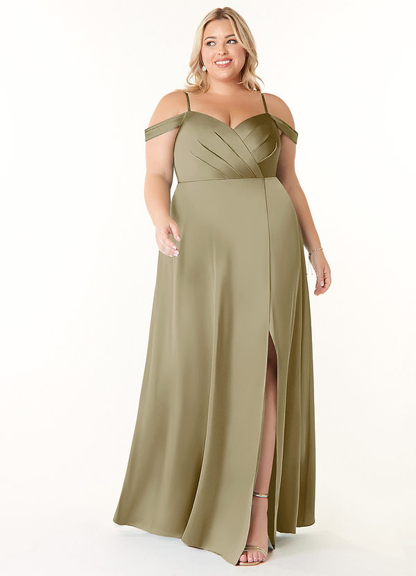 Azazie Ocean Brautjungfernkleider A-Linie V-Hals Gefaltet Stretch-Satin Kleid Moosgrün image1