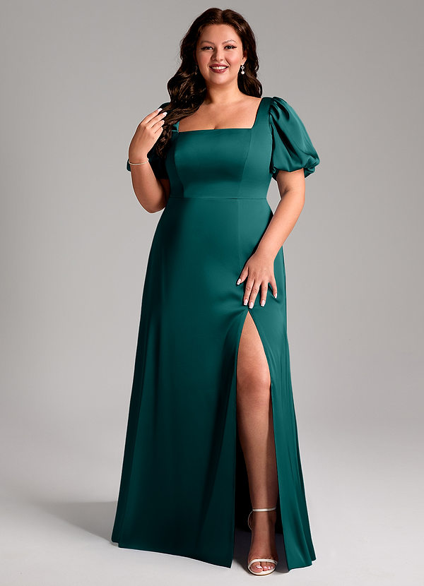 Azazie Fyona Bridesmaid Dresses Peacock A-Line Pleated Stretch Satin Dress image1