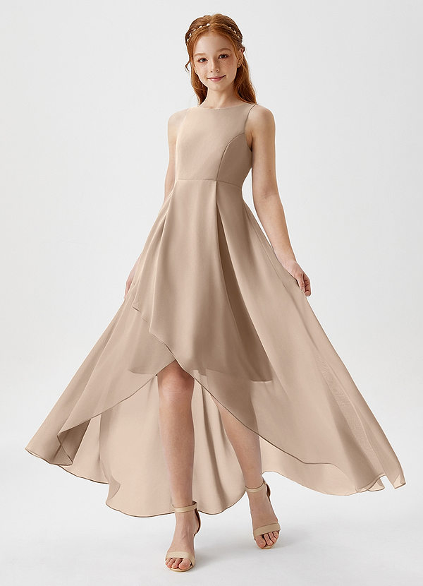 Azazie Lizette Junior Taupe A-Line Pleated Chiffon Dress image1