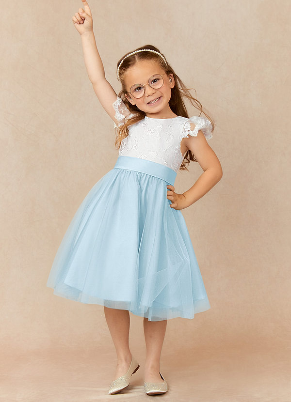 Azazie Vetty Flower Girl Dresses Ivory Sky Blue A-Line Lace Tulle Dress image1
