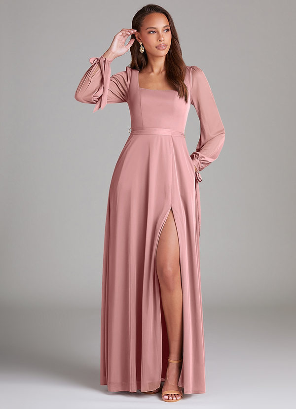 Azazie Leonia Brautjungfernkleider A-Linie Langarm Gittergewebe Kleid Altrosa image1