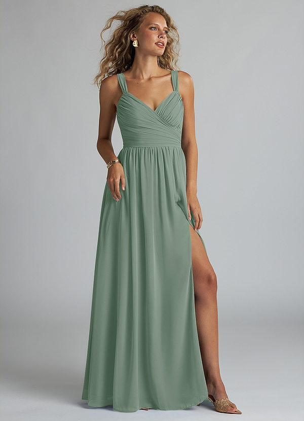Azazie Aziza Bridesmaid Dresses Silver Sage A-Line V-Neck Pleated Chiffon Dress image1
