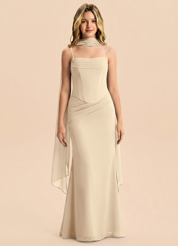 Azazie Sorrel Junior Vestido Champán de Gasa de Corte Sirena con Plisado image1