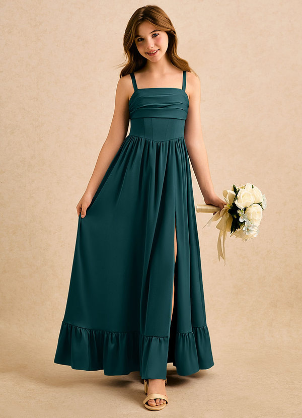 Azazie Maisie Girls Formal Sukienki dla dziewczynek sypiących kwiaty Linia A Marszczony Satyna elastyczna Długość podłogi Sukienka image1