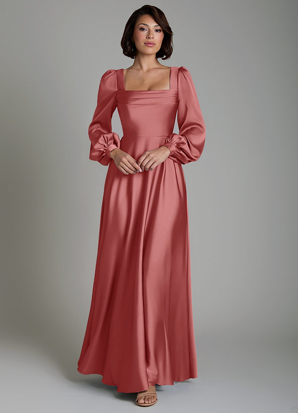Azazie Solana Abiti da Damigella Abito A-Line in Raso Elasticizzato Maniche Lunghe Rosa Antica image1