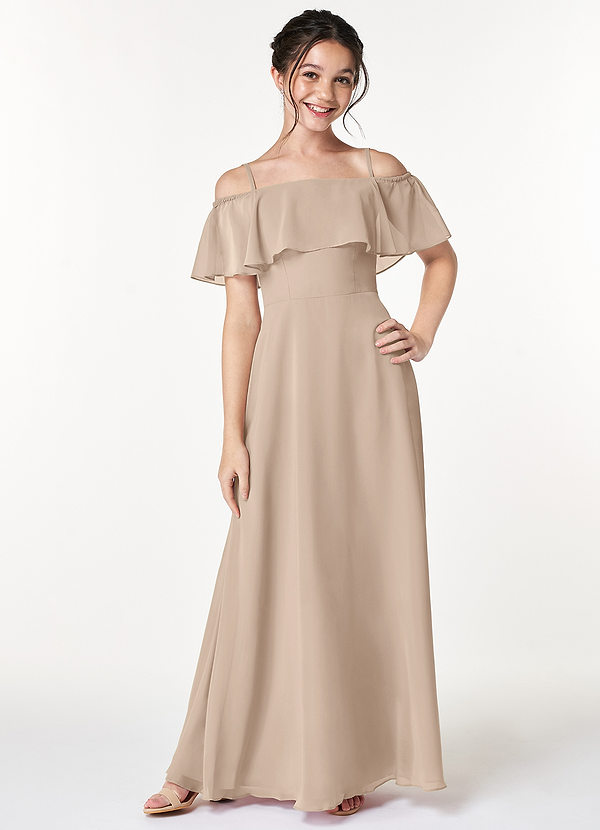 Azazie Maggie Junior Robe Trapèze en Mousseline de soie Épaule décolletée Taupe image1