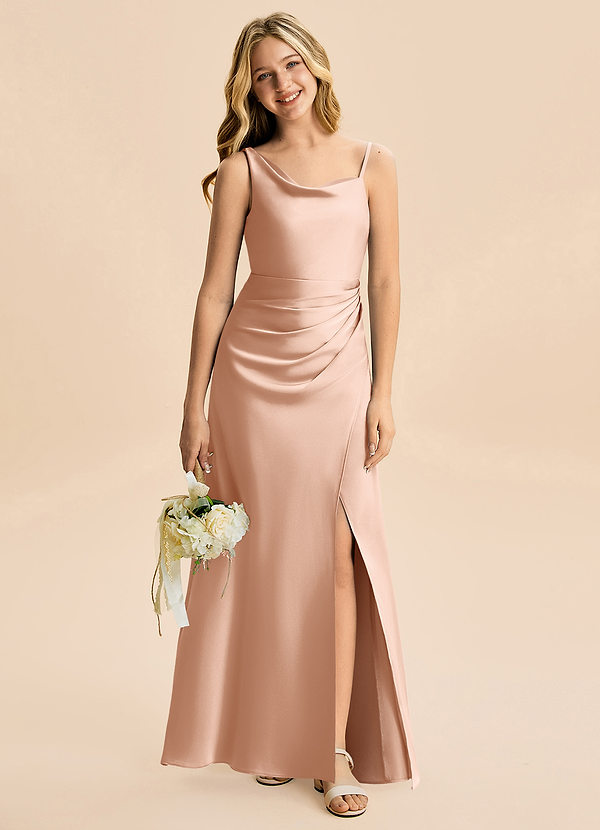 Azazie Abby Junior Robe Trapèze en Satin extensible Plissée Or Rose image1