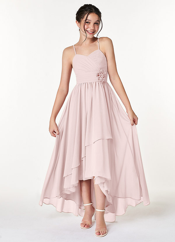 Azazie Catalina Junior Blushing Pink A-Line Ruched Chiffon Dress image1