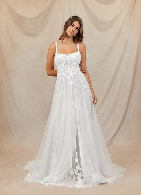 Azazie Jovana Wedding Dresses A-Line Scoop Tulle Chapel Train Dress image1