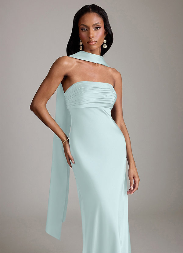 Azazie Saylor Bruidsmeisjes Jurken Jurk van Stretch Satijn met Zeemeermin Strapless Zeeglas image1