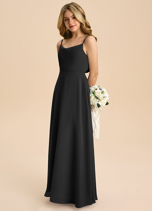Azazie Shale Junior Black A-Line Bow Chiffon Dress image1