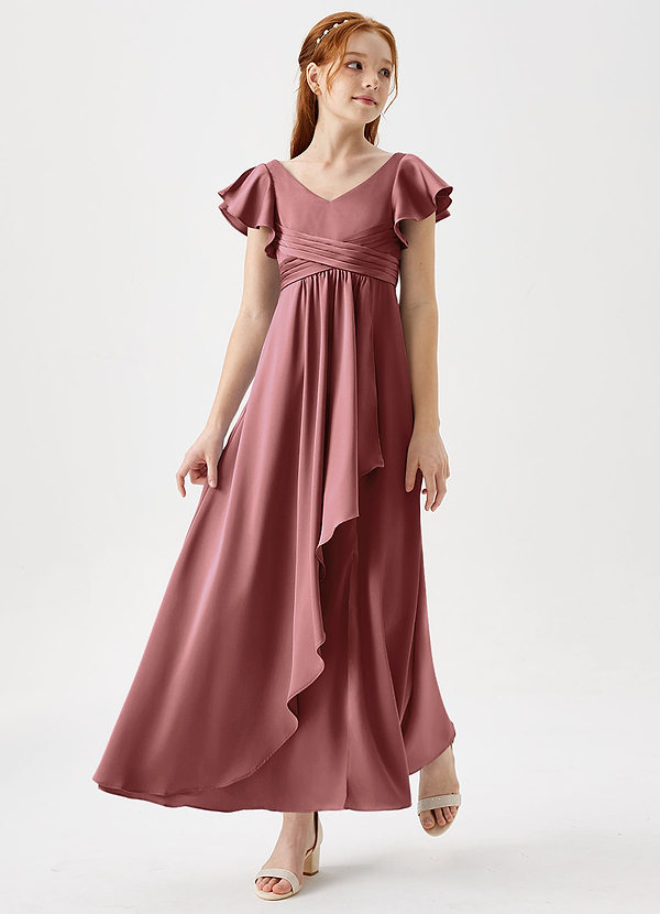 Azazie Omari Junior Amethyst A-Line Pleated Stretch Satin Dress image1