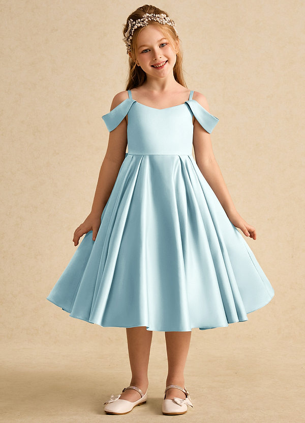 Azazie Favia Flower Girl Dresses Sea Glass A-Line Off the Shoulder Matte Satin Dress image1