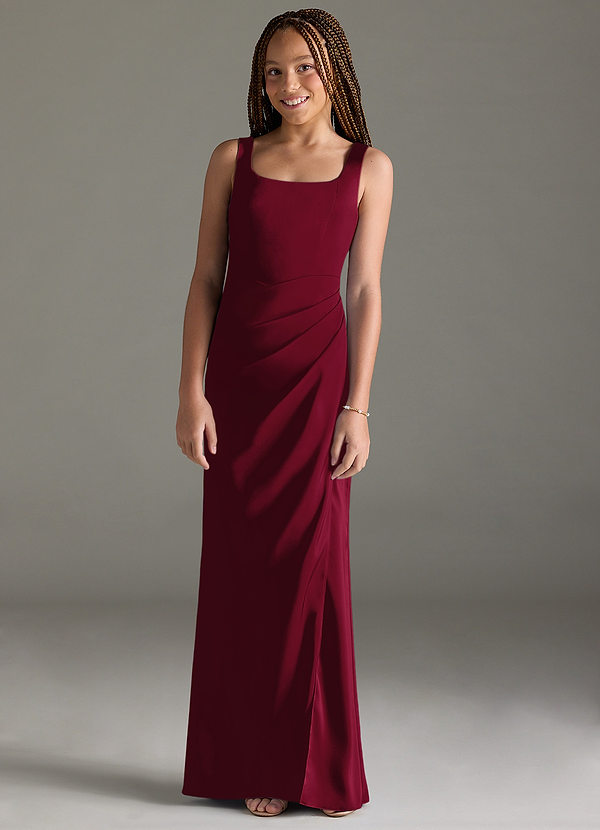 Azazie Mero Junior Vestido de Borgoña de Satén Elástico de Corte Sirena con Plisado image1