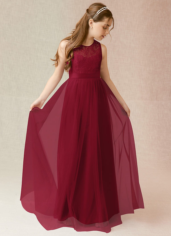 Azazie Georgette Junior Burgundy A-Line Lace Tulle Dress image1