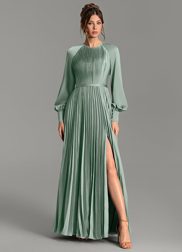 Azazie Grayson Vestidos de dama de honor Vestido Agave de Satén Elástico de Línea A con Manga larga image1