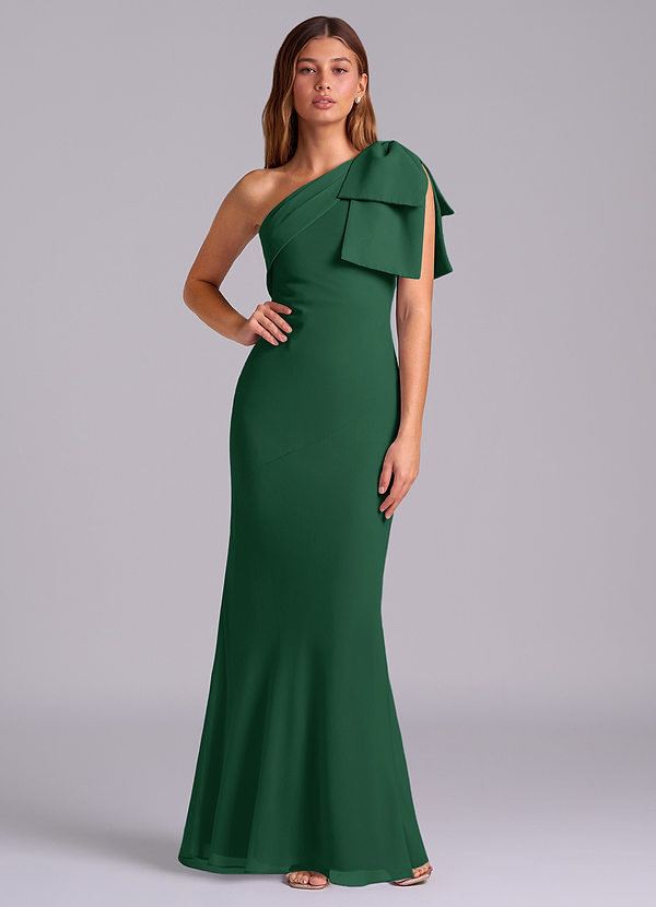 Azazie Yuanna 신부 들러리 드레스 인어 한쪽 어깨 쉬폰 바닥 길이 드레스 image1