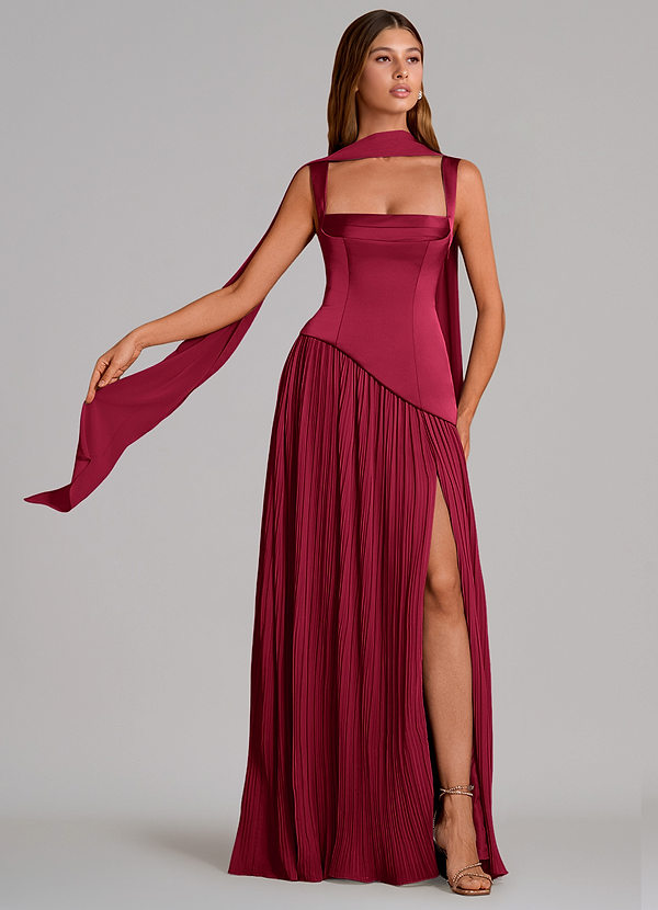 Azazie Stephanie Vestidos de dama de honor Vestido Borgoña de Satén Elástico de Línea A con Plisado image1
