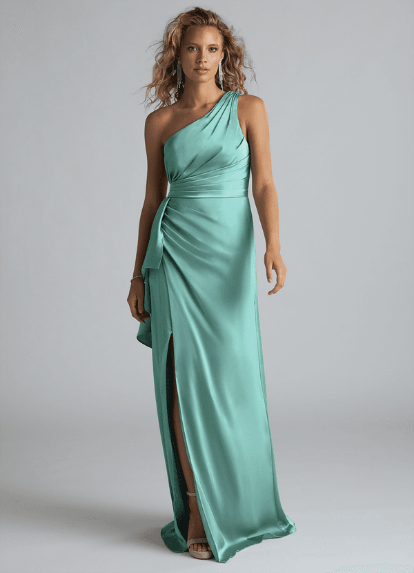 Azazie Maive Robes Demoiselle d'honneur Robe Fourreau en Satin extensible Rayé Aqua image1