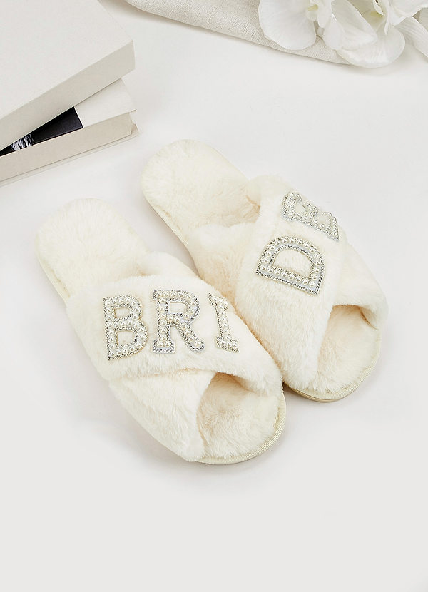 front Fuzzy Pearl Bride Slippers