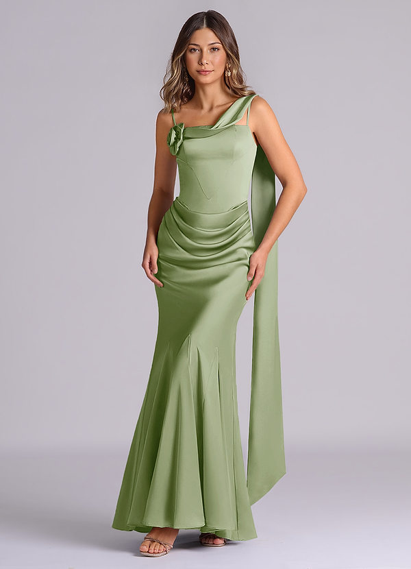 Azazie Inara Suknie dla druhen Syrena Pofałdowany Satyna elastyczna Do ziemi Sukienka image1
