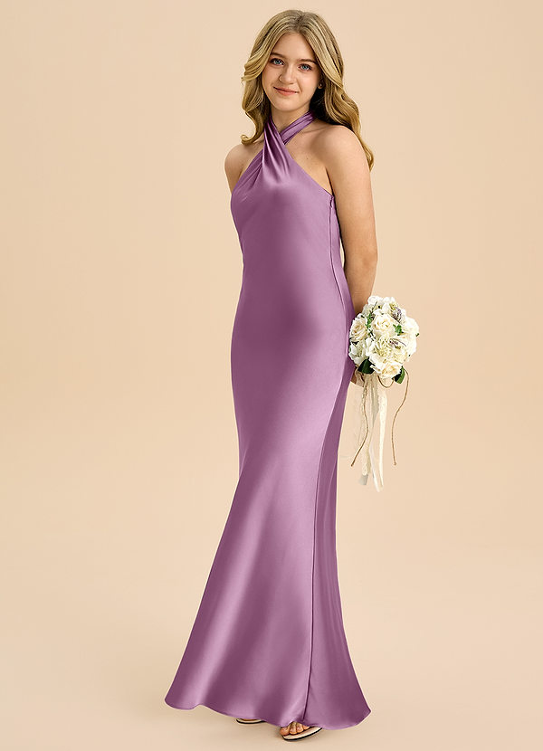 Azazie Chickie Junior Jurk van Stretch Satijn met Kolom Geplooid Blauweregen image1