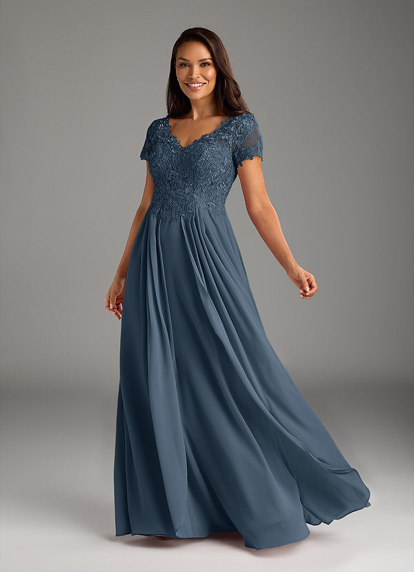 Azazie Dunja Neptune A-Line V-Neck Lace Chiffon Dress | Azazie