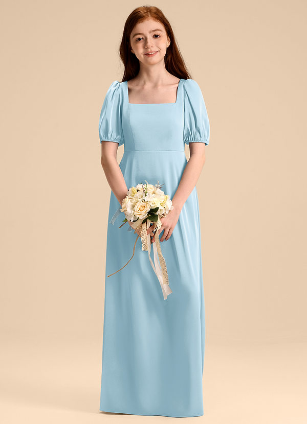 Azazie Briar Junior Vestido de Azul Cielo de Satén Elástico de Corte en A con Lazo image1