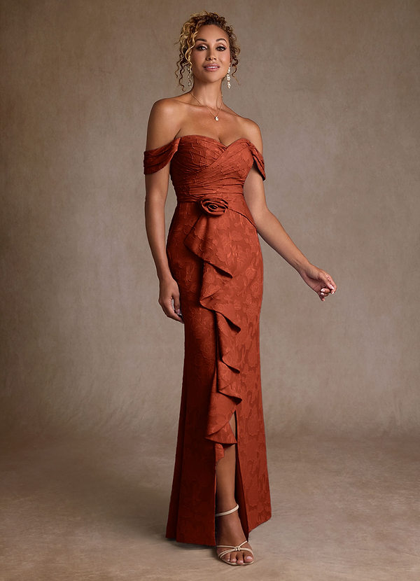 Azazie Irene Brautmutterkleider A-Linie Schulterfrei Blumen-Burnout Kleid Rotbraun image1