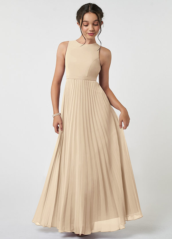 Azazie Lindie Junior A-Linie Plissee Chiffon Kleid Champagner image1