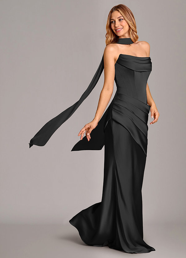 Azazie Pelagia Brudtärneklänningar Klä av Sjöjungfru i Stretch Satin Korsett Svart Konvertibel image1