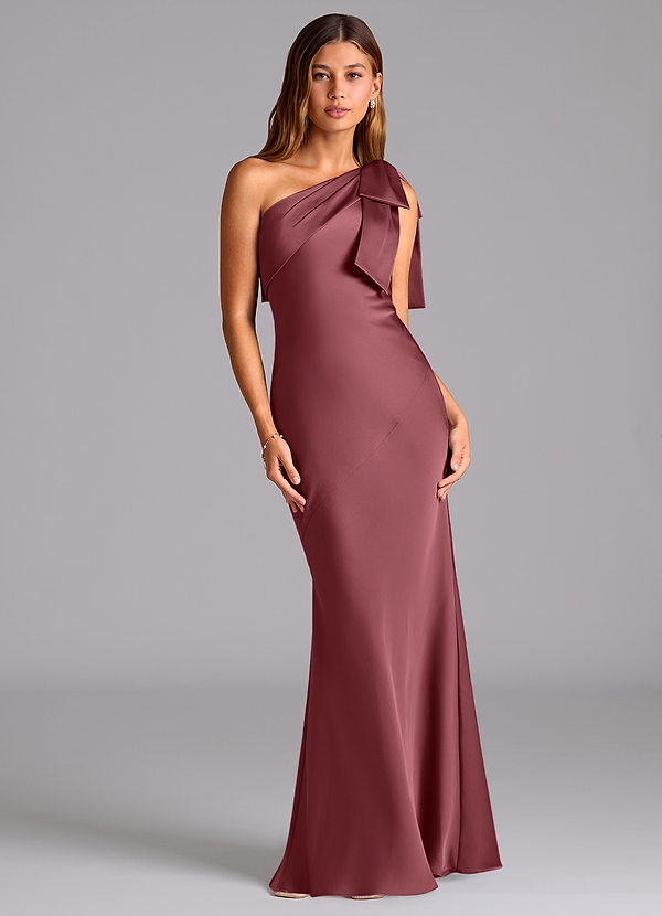 Azazie Yuanna Bridesmaid Dresses Desert Rose Mermaid One Shoulder Stretch Satin Dress image1