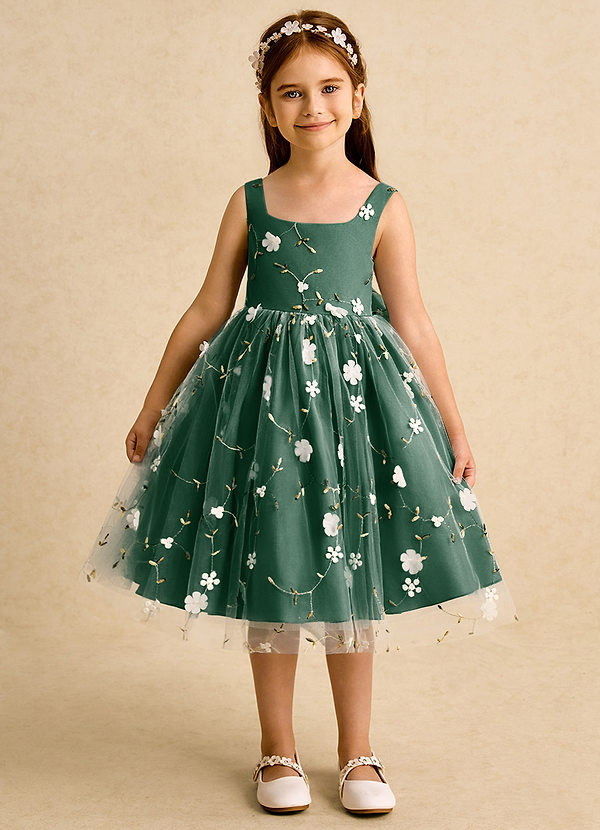 Azazie Bean Flower Girl Dresses Dark Green Ball-Gown Sleeveless Tulle Dress image1