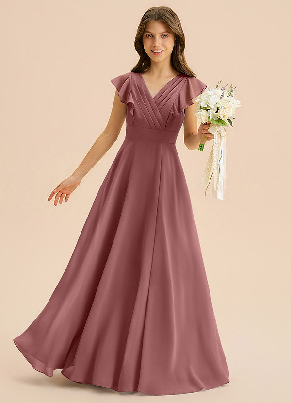 Azazie Anysa Junior Robe Trapèze en Mousseline de soie Rayé Rose Du Désert image1