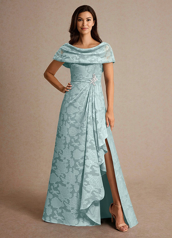 Azazie Branford Vestidos de Madre de la Novia Vestido de Neblina de Devorado Floral de Corte en A con Plisado image1