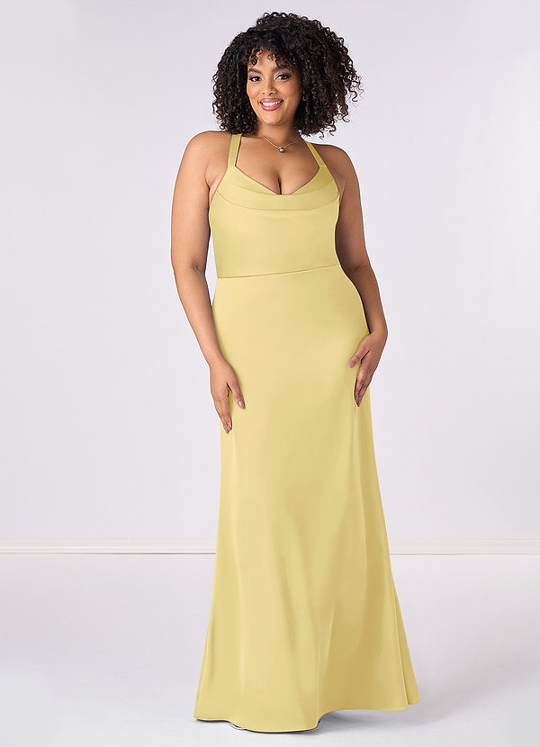 Barbie ♥ Azazie Bridesmaid Dresses Lemon Sorbet Mermaid Pleated Stretch Satin Dress image1