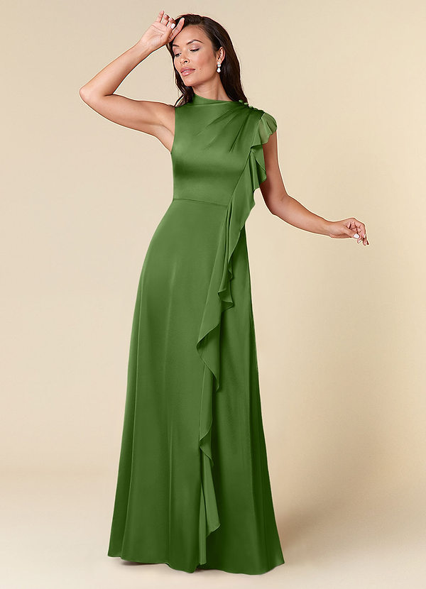 Azazie Narine Abiti da Mamma Sposa Abito A-Line in Raso Elasticizzato Scollo alto plissettato Basilico image1