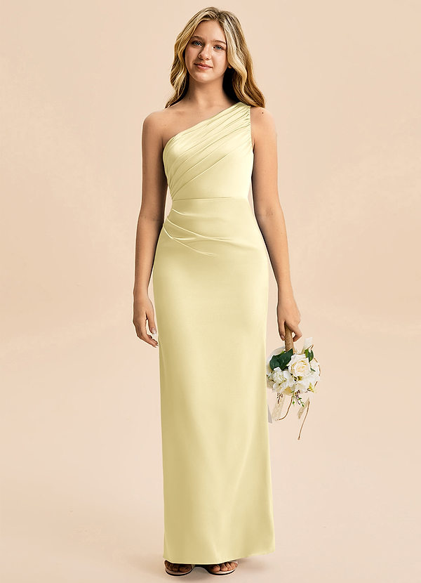 Azazie Akilah Junior Osłona Pofałdowany Satyna elastyczna Długość podłogi Młodsza druhna Sukienka image1