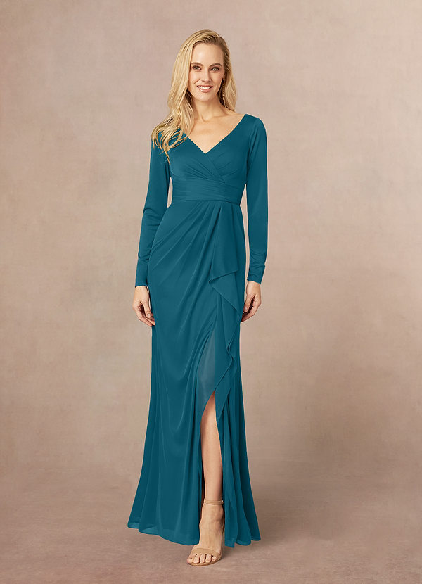 Azazie Risa Mother of the Brides Dresses Ink Blue Mermaid V-Neck Pleated Mesh Dress image1