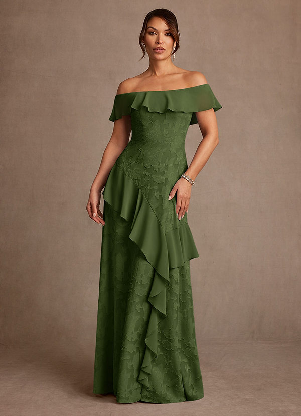 Azazie Marina Brautmutterkleider A-Linie Schulterfrei Blumen-Burnout Kleid Olivgrün image1