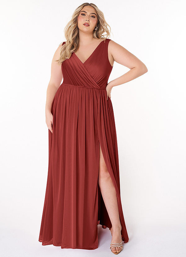 Azazie Tanicia Brautjungfernkleider A-Linie V-Hals Gefaltet Gittergewebe Kleid Rost image1