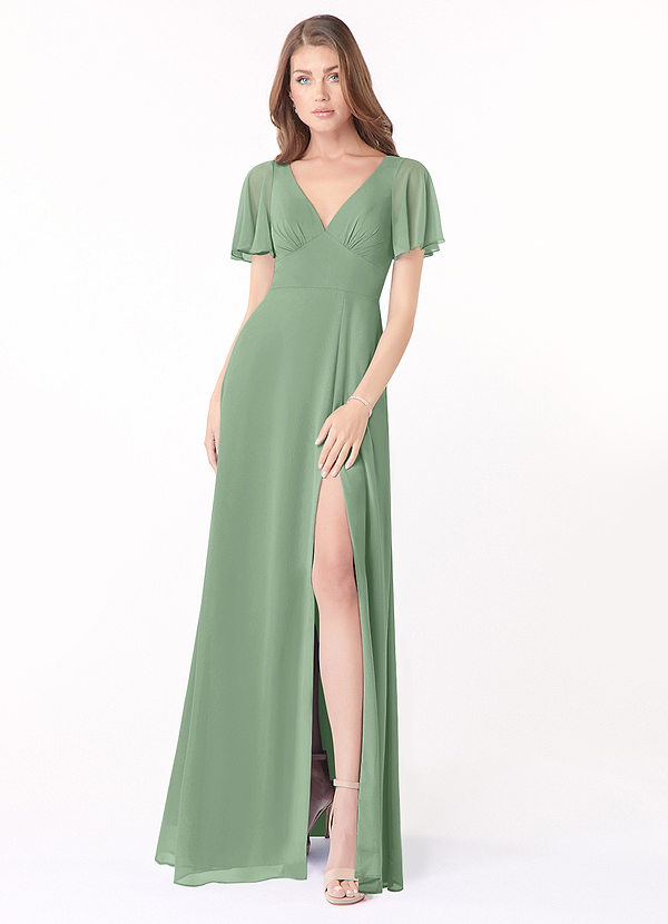 Azazie Kimber Bridesmaid Dresses Matcha A-Line Flounce Sleeve Chiffon Dress image1