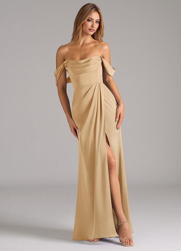 Azazie Johana Bridesmaid Dresses Gold Mermaid Off the Shoulder Stretch Satin Convertible Dress image1