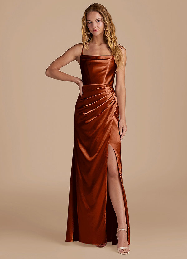 Azazie Marzia Bridesmaid Dresses Auburn Mermaid Pleated Metallic Satin Dress image1