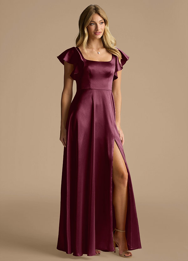 Azazie Bondi Suknie dla druhen Linia A Ukłon Metaliczny satynowy Do ziemi Sukienka image1